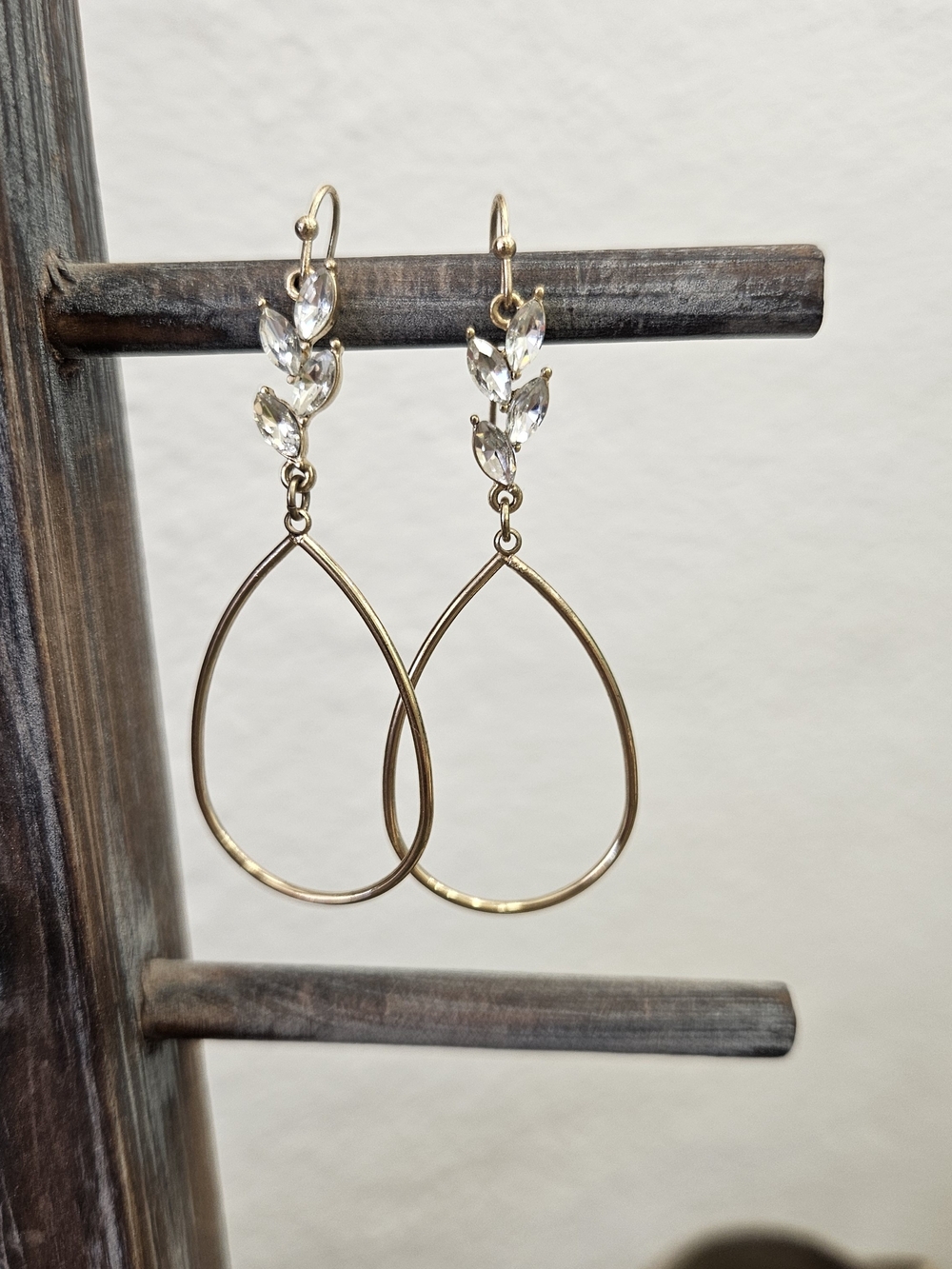 Gold Teardrop Dangle Earrings with Clear Crystal Accents